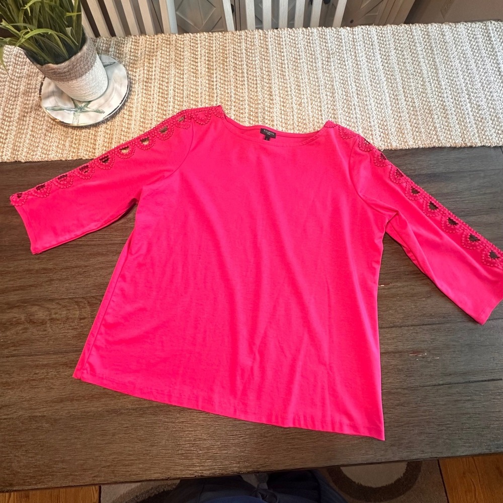 Talbots Woman Pink Crochet Cut‎ Out Knit Sleeve Top Blouse Size X 3/4 Sleeve 12W